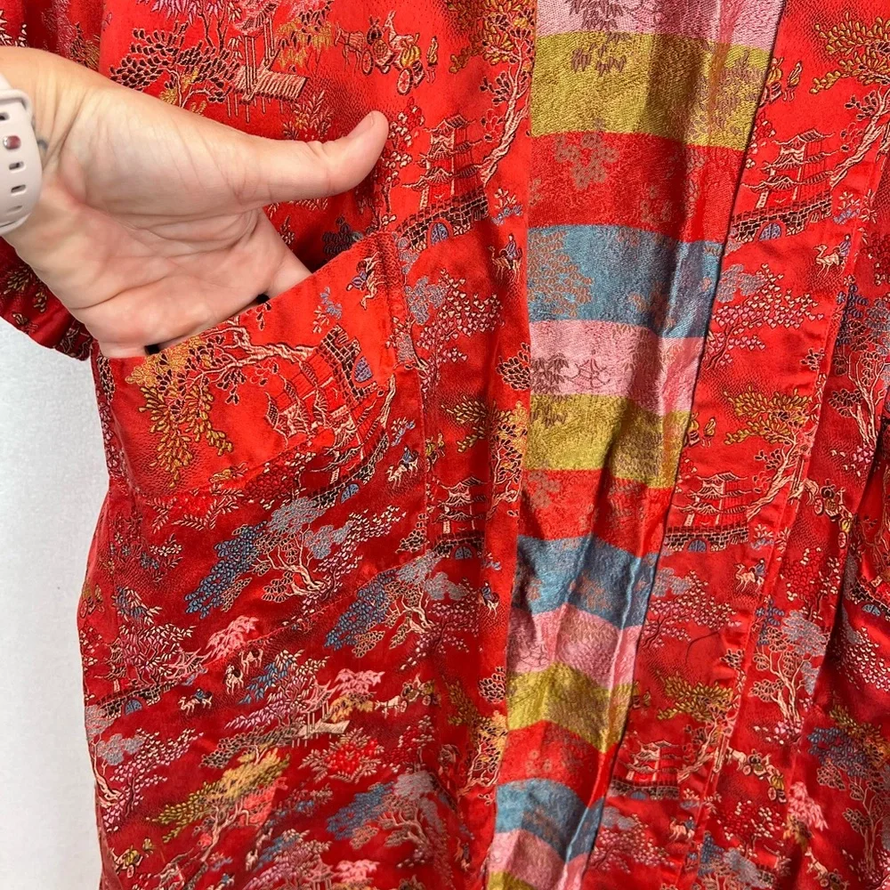 Chinese Silk Traditional Robe Red Size Large Tie Waist Long Kimono - Picture 7 of 11